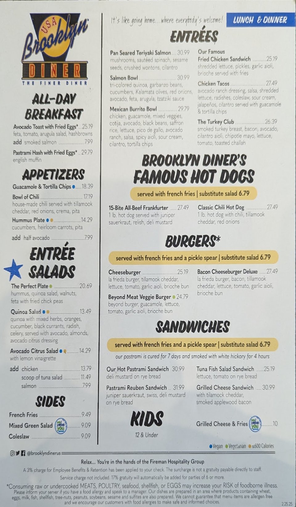 Printed menu showing diner breakfast choices and coffee.