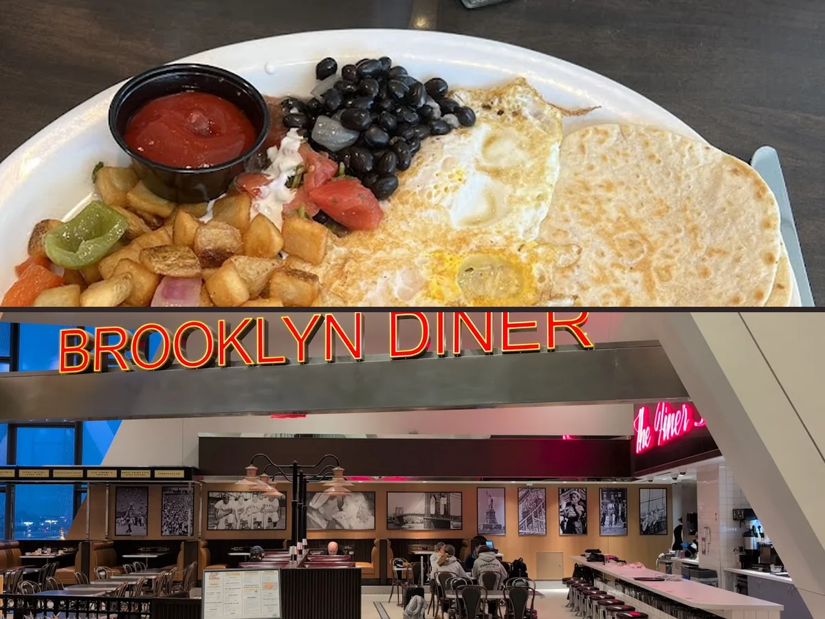 Casual diner tables inside an airport restaurant.