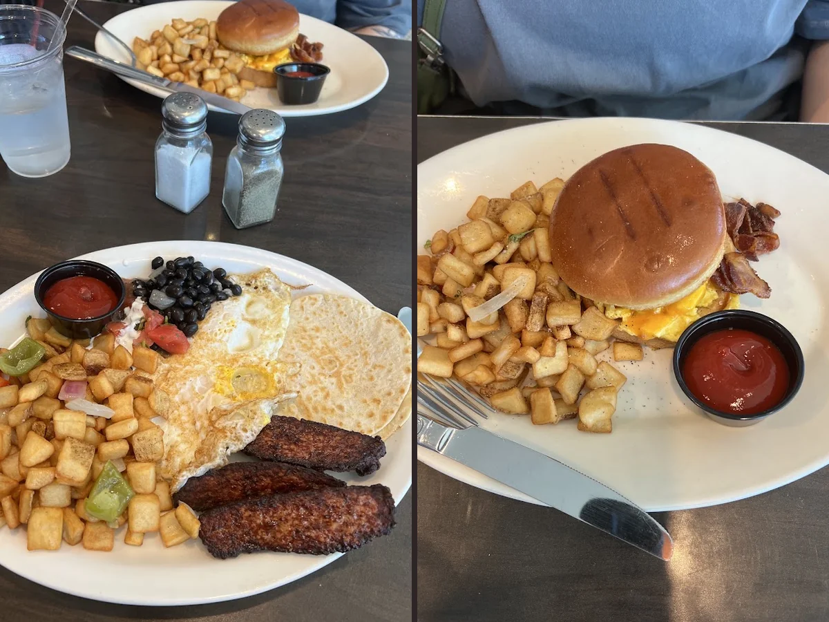 Casual diner tables inside an airport restaurant.